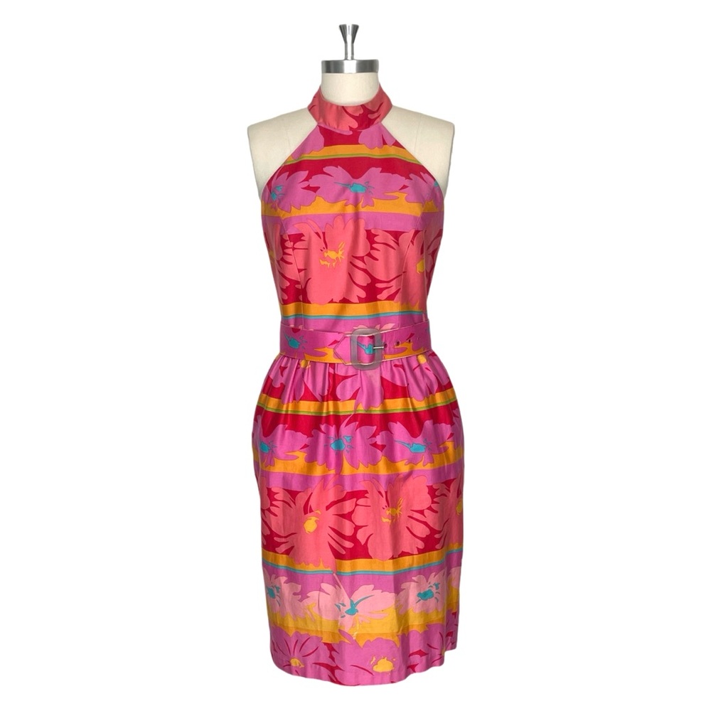 Vintage 1980s Tony Lambert Collection Pink floral Midi Halter Dress Size 4